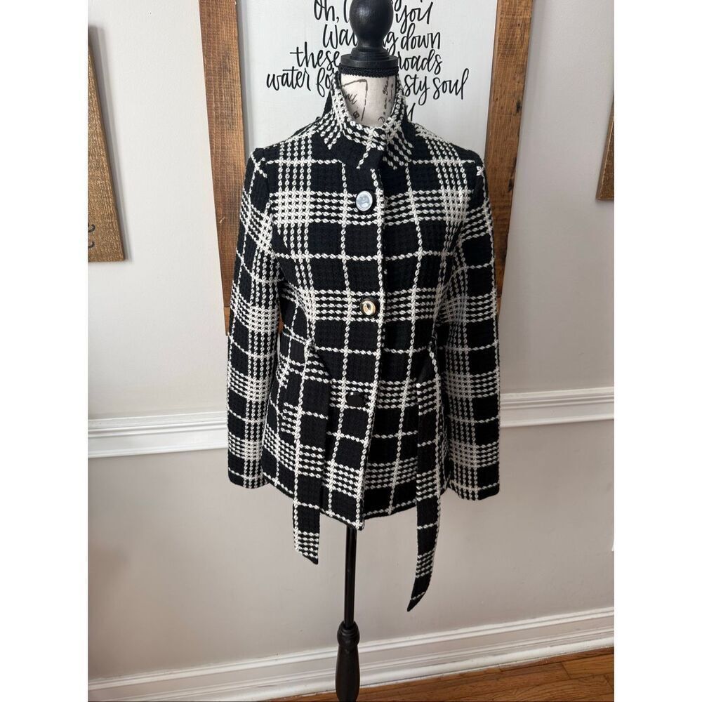 Poetry Clothing Women's Plaid Tweed Belted Winter Coat Black White Small